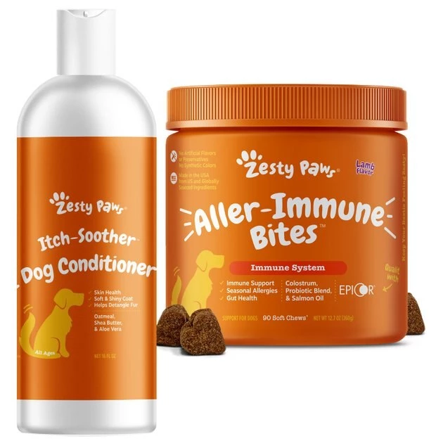 Zesty Paws Oatmeal Anti-Itch Conditioner with Aloe Vera & Organic Shea Butter for Dogs, 16-oz bottle & Zesty Paws Aller-Immune Bites Lamb Flavor Immune System Soft Chews Dog Supplement 3 Zesty Paws Oatmeal Anti-Itch Conditioner with Aloe Vera & Organic Shea Butter for Dogs, 16-oz bottle & Zesty Paws Aller-Immune Bites Lamb Flavor Immune System Soft Chews Dog Supplement
