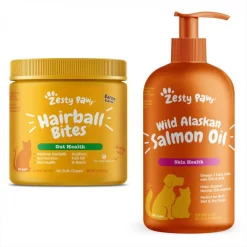 Zesty Paws All Ages Hairball Bites Gut Health Salmon Flavor Cat Supplement, 60 count & Zesty Paws Pure Salmon Oil Skin & Coat Support Dog & Cat Supplement, 32-oz bottle