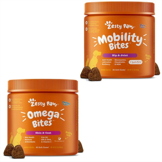 Zesty Paws Mobility Bites Hip & Joint Support + Omega Bites Skin & Coat Support Chicken Flavor Soft Chews Dog Supplement 3 Zesty Paws Mobility Bites Hip & Joint Support + Omega Bites Skin & Coat Support Chicken Flavor Soft Chews Dog Supplement