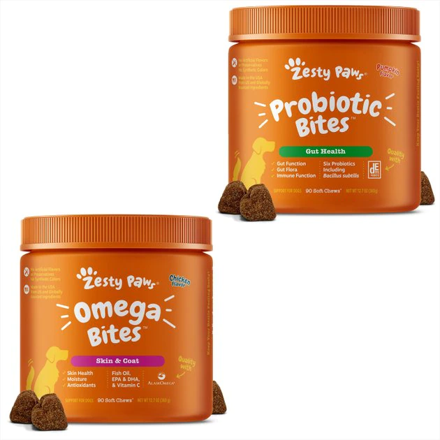 Zesty Paws Omega Bites Skin & Coat Support + Probiotic Bites Digestion Pumpkin Flavor Soft Chews Dog Supplement 3 Zesty Paws Omega Bites Skin & Coat Support + Probiotic Bites Digestion Pumpkin Flavor Soft Chews Dog Supplement