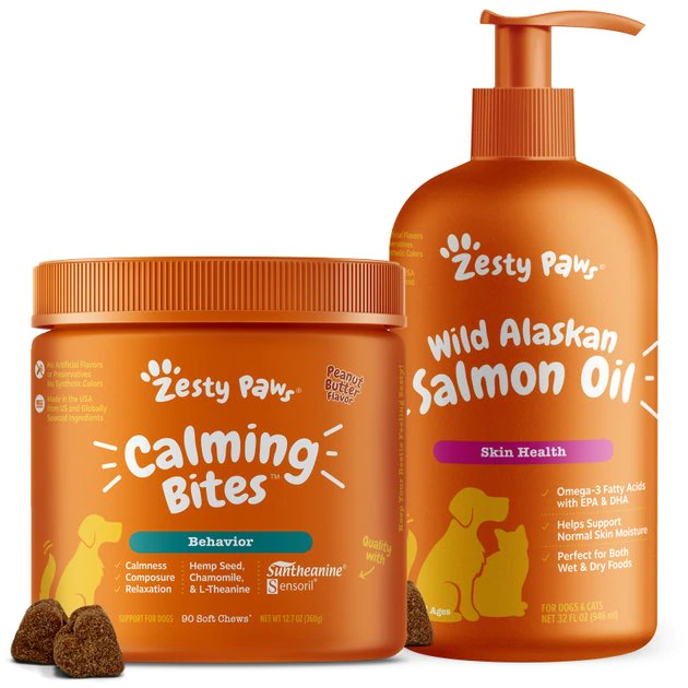 Zesty Paws Behavior Functional Peanut Butter Flavored Soft Chews Supplement + Pure Salmon Oil Skin & Coat Support Dog Supplement 3 Zesty Paws Behavior Functional Peanut Butter Flavored Soft Chews Supplement + Pure Salmon Oil Skin & Coat Support Dog Supplement