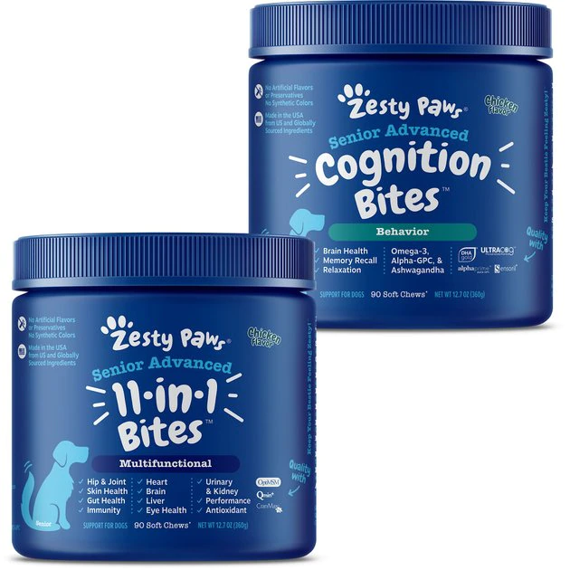 Zesty Paws 11-in-1 Bites Multifunctional MSM & Curcumin + Cranberry & Lutein Senior Chicken Flavor Dog Supplement, 90 count + Zesty Paws Seniors Advanced Cognition Bites Chicken Flavor Dog Supplement, 90 count 3 Zesty Paws 11-in-1 Bites Multifunctional MSM & Curcumin + Cranberry & Lutein Senior Chicken Flavor Dog Supplement, 90 count + Zesty Paws Seniors Advanced Cognition Bites Chicken Flavor Dog Supplement, 90 count