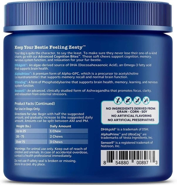 Zesty Paws 11-in-1 Bites Multifunctional MSM & Curcumin + Cranberry & Lutein Senior Chicken Flavor Dog Supplement, 90 count + Zesty Paws Seniors Advanced Cognition Bites Chicken Flavor Dog Supplement, 90 count 9 Zesty Paws 11-in-1 Bites Multifunctional MSM & Curcumin + Cranberry & Lutein Senior Chicken Flavor Dog Supplement, 90 count + Zesty Paws Seniors Advanced Cognition Bites Chicken Flavor Dog Supplement, 90 count - Image 7