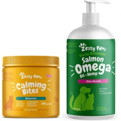 Zesty Paws All Ages Calming Bites Behavior Salmon Flavor Cat Supplement, 60 count + Zesty Paws Hemp Elements Salmon Flavored Omega Oil + Hemp Dog & Cat Supplement, 32-oz bottle