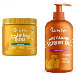 Zesty Paws All Ages Calming Bites Behavior Salmon Flavor Cat Supplement, 60 count + Zesty Paws Pure Salmon Oil Skin & Coat Support Dog & Cat Supplement, 32-oz bottle