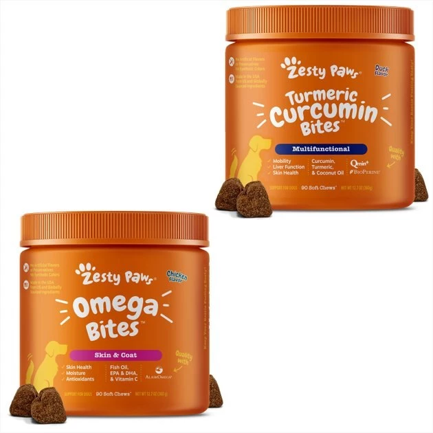 Zesty Paws Core Elements Omega Bites Skin & Coat Health Chicken Flavor Soft Chew Dog Supplement, 90 count + Zesty Paws Curcumin Bites Everyday Vitality Duck Flavor Dog Supplement, 90 count 3 Zesty Paws Core Elements Omega Bites Skin & Coat Health Chicken Flavor Soft Chew Dog Supplement, 90 count + Zesty Paws Curcumin Bites Everyday Vitality Duck Flavor Dog Supplement, 90 count