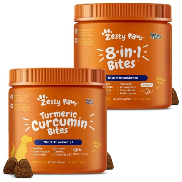 Zesty Paws Curcumin Bites Everyday Vitality Duck Flavor Dog Supplement, 90 count + Zesty Paws 8-in-1 Multifunctional Chicken Flavor Soft Chew Dog Supplement, 90 count 3 Zesty Paws Curcumin Bites Everyday Vitality Duck Flavor Dog Supplement, 90 count + Zesty Paws 8-in-1 Multifunctional Chicken Flavor Soft Chew Dog Supplement, 90 count
