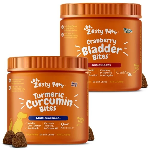 Zesty Paws Curcumin Bites Everyday Vitality Duck Flavor Dog Supplement, 90 count + Zesty Paws Cranberry Bladder Bites Urinary Tract Support Chicken Liver Flavor Chews for Dogs, 90 count 3 Zesty Paws Curcumin Bites Everyday Vitality Duck Flavor Dog Supplement, 90 count + Zesty Paws Cranberry Bladder Bites Urinary Tract Support Chicken Liver Flavor Chews for Dogs, 90 count