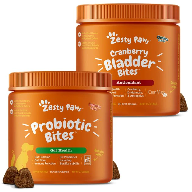 Zesty Paws Probiotic Bites Digestion Pumpkin Flavor Soft Chews Dog Supplement, 90 count + Zesty Paws Cranberry Bladder Bites Urinary Tract Support Chicken Liver Flavor Chews for Dogs, 90 count 3 Zesty Paws Probiotic Bites Digestion Pumpkin Flavor Soft Chews Dog Supplement, 90 count + Zesty Paws Cranberry Bladder Bites Urinary Tract Support Chicken Liver Flavor Chews for Dogs, 90 count