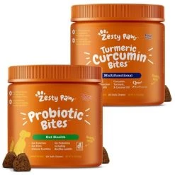 Zesty Paws Probiotic Bites Digestion Pumpkin Flavor Soft Chews Dog Supplement, 90 count + Zesty Paws Curcumin Bites Everyday Vitality Duck Flavor Dog Supplement, 90 count