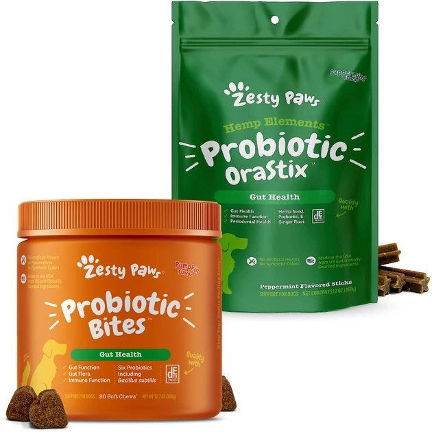 Zesty Paws Probiotic Bites Digestion Pumpkin Flavor Soft Chews Dog Supplement, 90 count + Zesty Paws Hemp Elements Probiotic Orastix Dog Supplement, 12 count 3 Zesty Paws Probiotic Bites Digestion Pumpkin Flavor Soft Chews Dog Supplement, 90 count + Zesty Paws Hemp Elements Probiotic Orastix Dog Supplement, 12 count