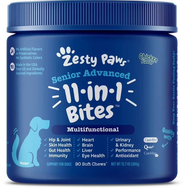 Zesty Paws Senior, Advanced Mobility Bites, Chicken Flavored Soft Chews, Hip & Joint Functional Dog Supplement, 90 count + Zesty Paws 11-in-1 Bites Multifunctional MSM & Curcumin + Cranberry & Lutein Senior Chicken Flavor Dog Supplement, 90 count 7 Zesty Paws Senior, Advanced Mobility Bites, Chicken Flavored Soft Chews, Hip & Joint Functional Dog Supplement, 90 count + Zesty Paws 11-in-1 Bites Multifunctional MSM & Curcumin + Cranberry & Lutein Senior Chicken Flavor Dog Supplement, 90 count - Image 5