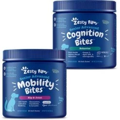 Zesty Paws Senior, Advanced Mobility Bites, Chicken Flavored Soft Chews, Hip & Joint Functional Dog Supplement, 90 count + Zesty Paws Seniors Advanced Cognition Bites Chicken Flavor Dog Supplement, 90 count