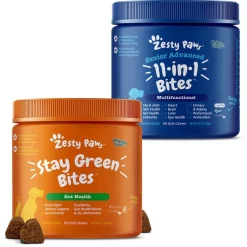 Zesty Paws Stay Green Bites Digestive Support Chicken Flavor Soft Chew Dog Supplement, 90 count + Zesty Paws 11-in-1 Bites Multifunctional MSM & Curcumin + Cranberry & Lutein Senior Chicken Flavor Dog Supplement, 90 count