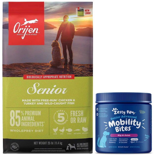 ORIJEN||Zesty Paws ORIJEN Senior Dry Food + Zesty Paws Advanced Mobility Chicken Flavored Chews Joint Supplement for Senior Dogs 3 ORIJEN||Zesty Paws ORIJEN Senior Dry Food + Zesty Paws Advanced Mobility Chicken Flavored Chews Joint Supplement for Senior Dogs