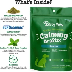 Zesty Paws Hemp Elements Calming Peppermint Flavored Chews Calming Supplement + Mobility OraStix Mint Flavored Dental Chews for Dogs -Oxbow || Zesty Paws Sales 365484 PT5. SY630 V1644018708