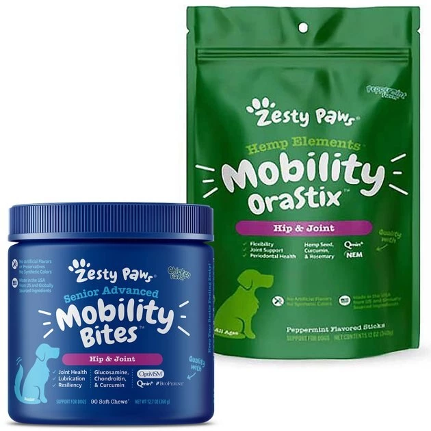 Zesty Paws Advanced Mobility Chicken Flavored Chews Hip & Joint Supplement for Senior Dogs & Mobility OraStix Mint Flavored Dental Chews 3 Zesty Paws Advanced Mobility Chicken Flavored Chews Hip & Joint Supplement for Senior Dogs & Mobility OraStix Mint Flavored Dental Chews